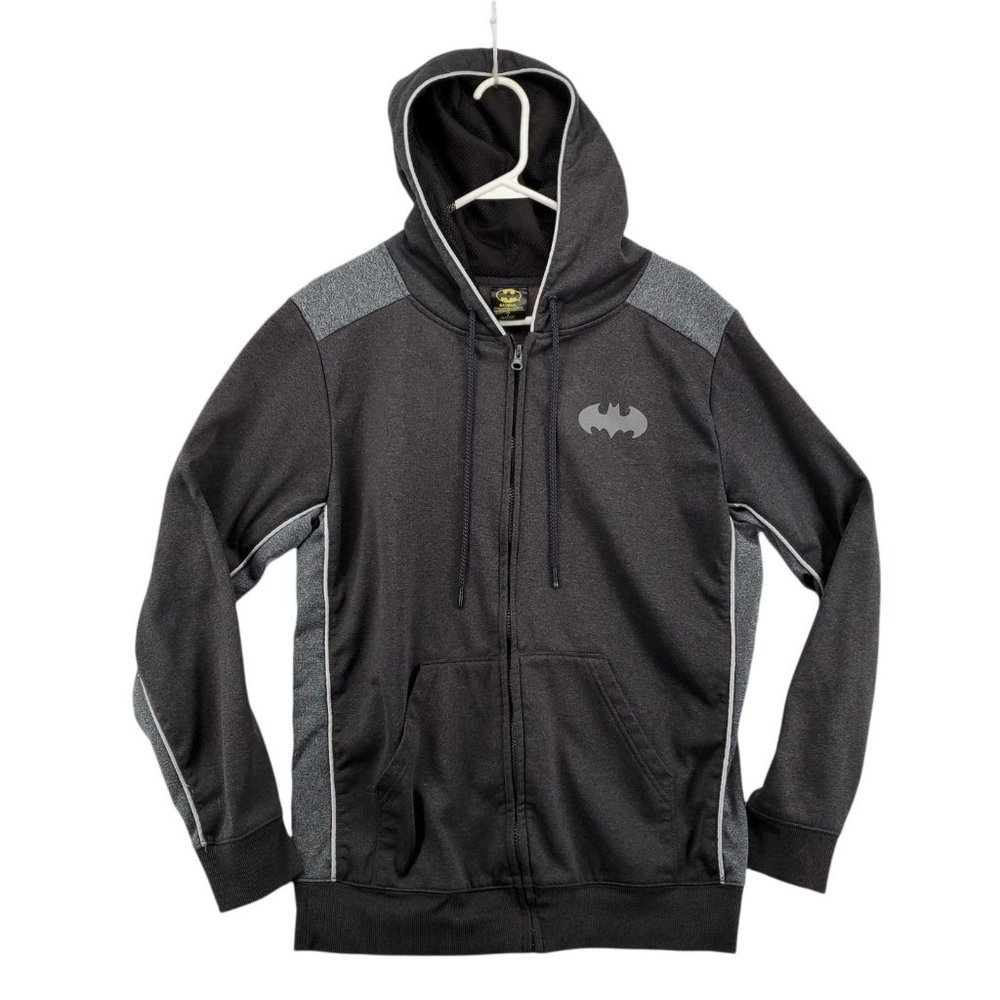 Batman Jacket Men's Long Sleeve Full Zip Hooded Sweatshirt Drawstring Gray Med